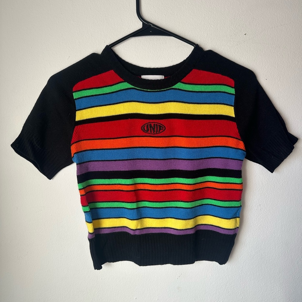 UNIF Rainbow Striped Cropped T-Shirt Sweater Top